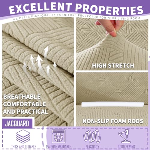 4 Piece Stretch Sofa Covers for 3 Cushion Couch, Khaki
