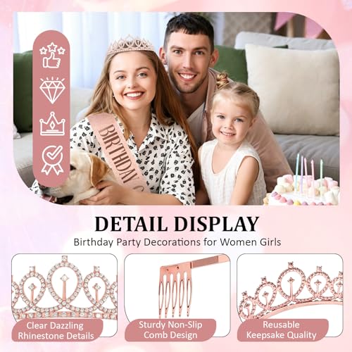 Rose Gold Rhinestone Tiara and Birthday Queen Sash Set