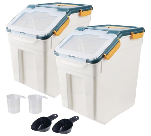 AnRui Rice Storage Container 50LB, Airtight Flour Storage Containers, Plastic Cereal Grain Dispenser Organizer Pet Food Storage Bin with Lid, Measuring Cup, Scoop, Blue, 2Pcs,Total Capacity:100LB