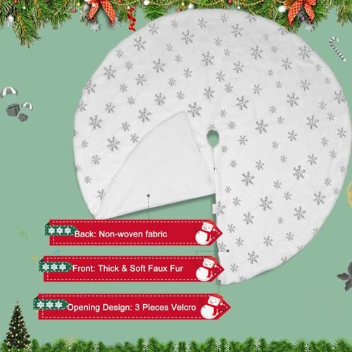 Sayrrame White & Silver 48 Inch Faux Fur Christmas Tree Skirt with Silver Sequin Snowflakes