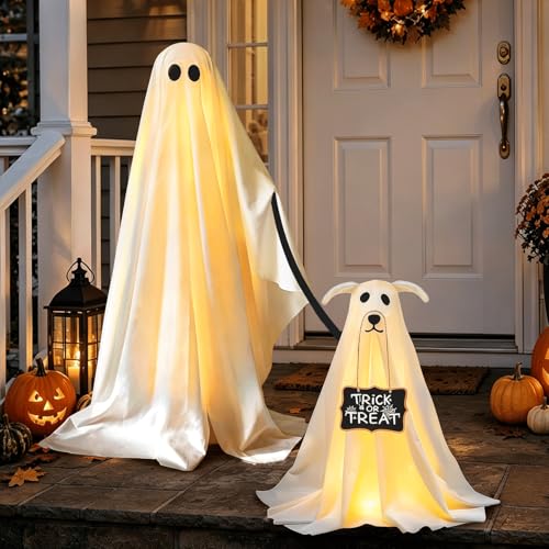 Lighted Ghost Walking Dog Halloween Yard Decor Set with Remote Control