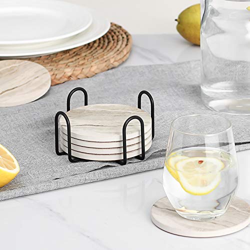 Absorbent Ceramic Drink Coasters Set with Holder - 4-Inch Non-Slip Cork Base