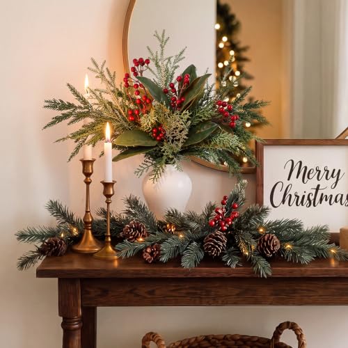 Magnolia Berry Christmas Table Centerpiece - Artificial Holiday Decor for Small Spaces