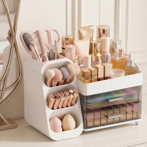 White Large Capacity Makeup Organizer with Brush Holder for Vanity & Bathroom