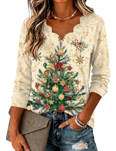 AKEWEI Women's Christmas Long Sleeve Graphic Shirt - Apricot Tree, X-Large Holiday Top
