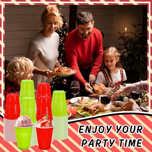 Green & Red 16oz Christmas Plastic Cups, 100-Pack, Stackable Disposable Party Cups