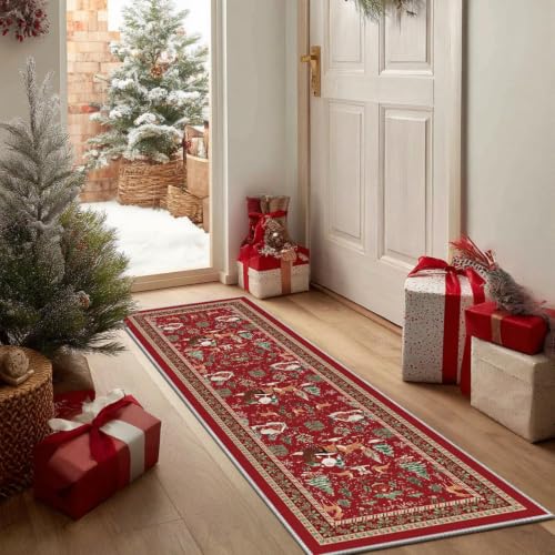 Artoid Mode 2' x 6' Red Santa Claus Deer Christmas Runner Rug – Low-Profile Non-Slip Washable Hallway Carpet