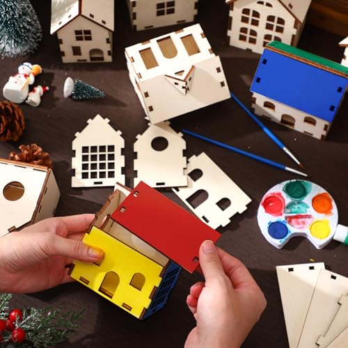 Hiboom 24 Pcs DIY Wooden Christmas Village House Set - Village House (6 Styles x 4 Each)