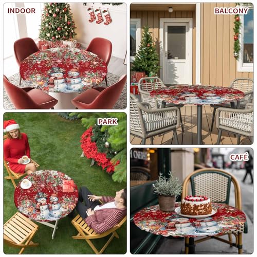 Chucoco Christmas Snowman Round Table Cover 36-44 Inch Elastic Waterproof Red & White