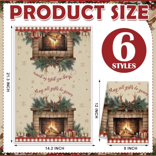 Vintage Christmas Kitchen Towels 6 Pack Santa Snowman Dish Hand Towels Beige Red