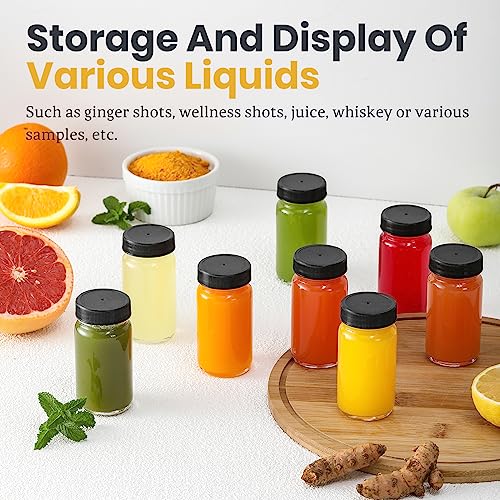 LANDNEOO 9 Pack 2oz Glass Shot Bottles with Black Lids & Labels – Travel-Friendly, Leakproof, Reusable Small Jars