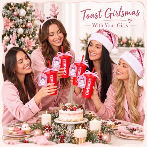 Potchen 6 Pack Girlsmas Christmas Plastic Cups with Lids, Straws, Pink Tags & Ribbon – 24oz