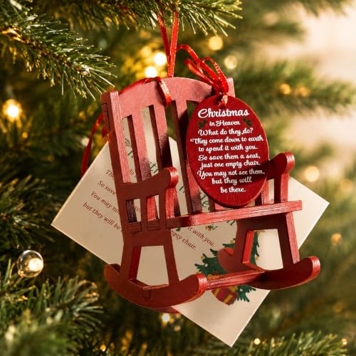 HOUYAN Red Christmas Memorial Wooden Rocking Chair Ornament with Tag & Card