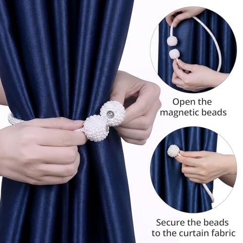 6 Pack Magnetic Curtain Tiebacks, 18.9" White Pearl Drapery Holdbacks