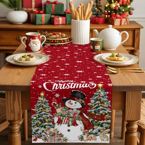 Ldtrchee Red Snowman Christmas Table Runner 13 x 120 In Cotton Linen, Winter Snowflake Decor