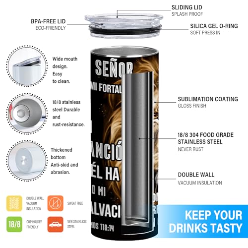 TUMBTU 20oz Christian Tumbler with Lion & Cross—Fueled by Faith, Spanish Bible Verses
