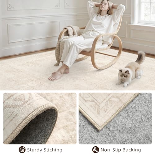 8x10 Machine Washable Area Rug - Neutral Beige Vintage Boho Non-Slip Carpet