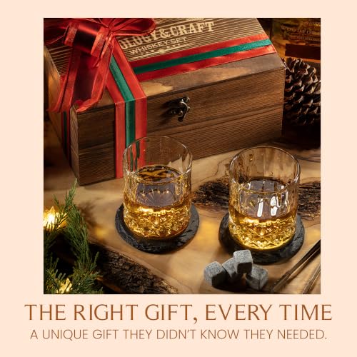 Mixology & Craft Whiskey Stones Gift Set with 2 Crystal Glasses, Slate Coasters & Recipe Cards
