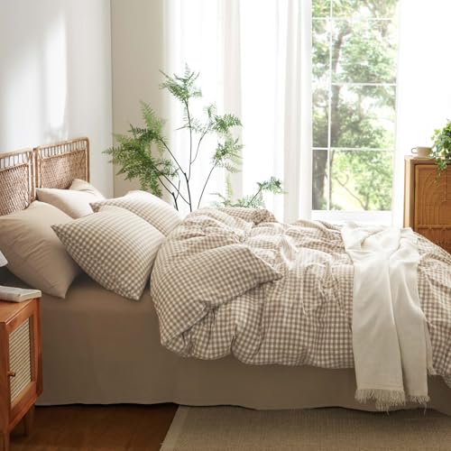Queen Cotton Gingham Duvet Cover Set - Brown Tan Plaid Bedding with Ties