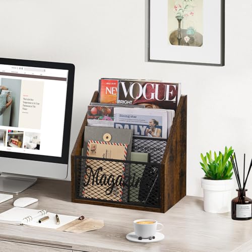 3-Tier Stepped Magazine Rack, Wood and Metal Floor Book Organizer