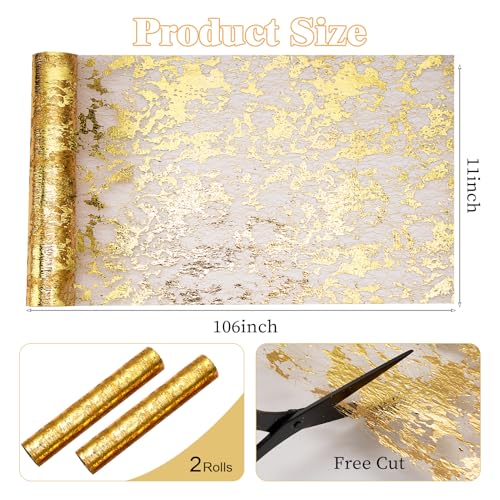 Gold Foil Table Runner 2 Pack, 11x106 Inch Glitter Metallic Mesh for Wedding Birthday Christmas - Mabbcoo