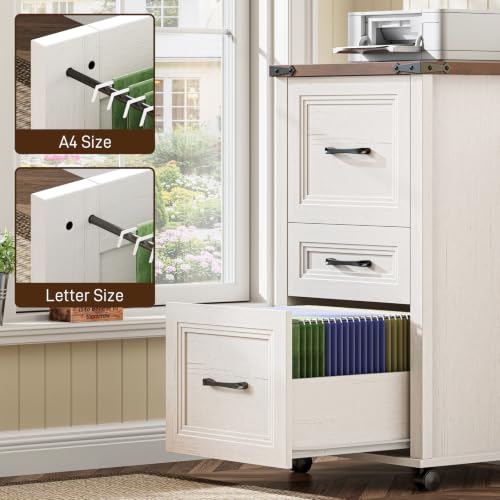 3-Drawer Mobile File Cabinet with Wheels, Rustic Farmhouse Printer Stand