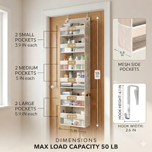 6-Tier Over the Door Storage Organizer with 12 Side Mesh Pockets - Ivory