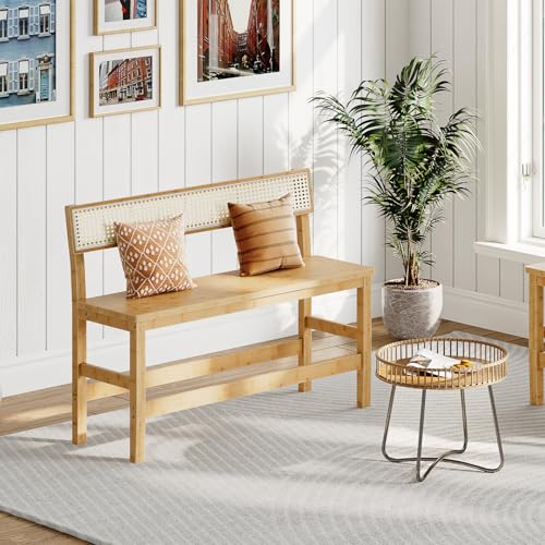 Bamboo Dining Bench with Rattan-Style Backrest, Farmhouse Entryway Seating
