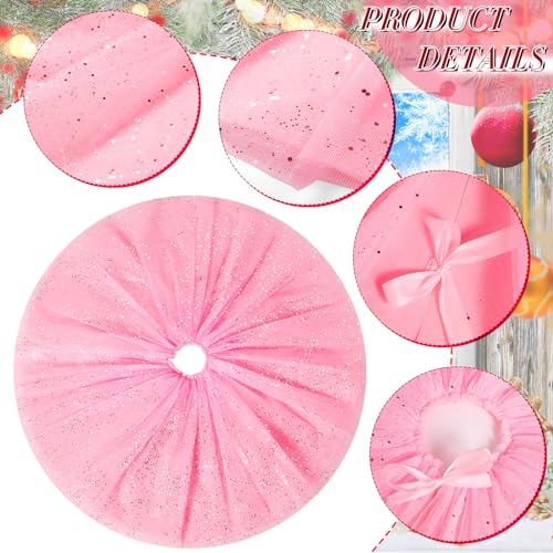 Skylety 36" Pink Christmas Tree Skirt with Ruffle Tulle & Glitter, Double Layer