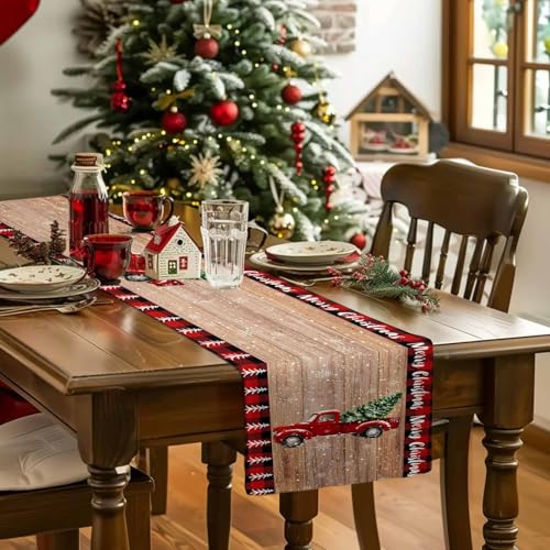 PIEPLE Christmas Red Truck Table Runner 13x36 Inch Farmhouse Holiday Decor