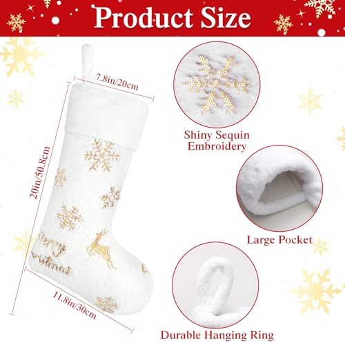 4PCS White Christmas Stockings with Gold Sequin Snowflake Reindeer