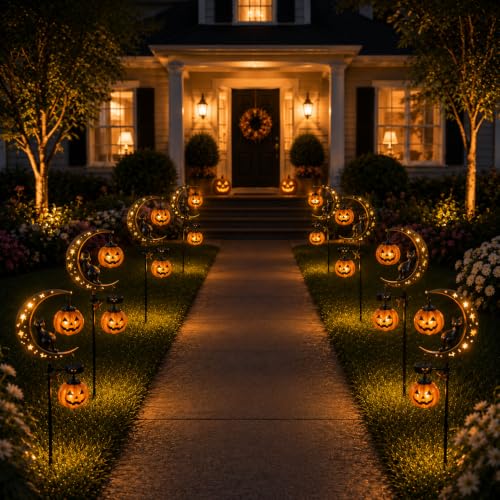Solar Black Cat & Pumpkin Moon Garden Stake Light - Waterproof Pathway Decor
