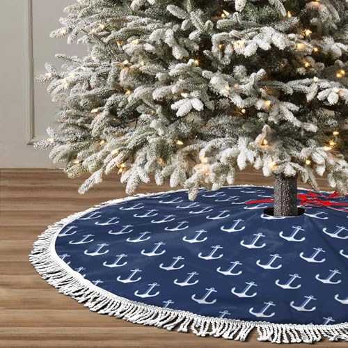 Navy Blue Nautical Christmas Tree Skirt 48 Inch with White Anchor & Tassel Edge - Rustic Holiday Decoration