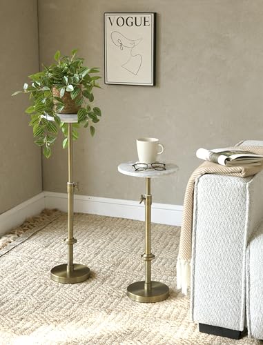 Adjustable 10-Inch White Marble Drink Table with Antique Brass Pedestal