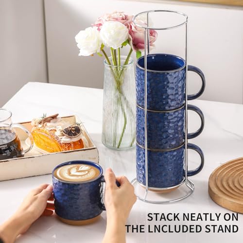 Vivid Blue Nihow 16oz Ceramic Coffee Mug Set of 4 with Stackable Stand