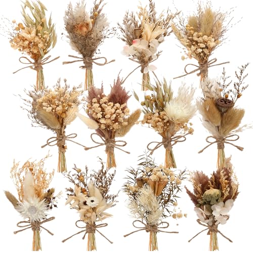 12 Pcs Mini Dried Flower Bouquets - Boho Rustic Decor for Weddings & Crafts