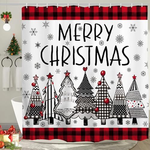 Baccessor Merry Christmas Tree Shower Curtain 72x72 in, Red Buffalo Plaid Snowy Trees Waterproof