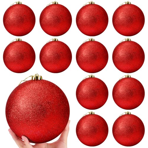 Poen 12-Pack Red 6 Inch Glitter Christmas Ball Ornaments - Holiday Decor