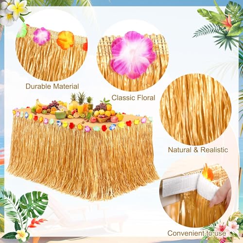 Hawaiian Grass Table Skirt with Flowers, 9ft Tropical Luau Table Decor