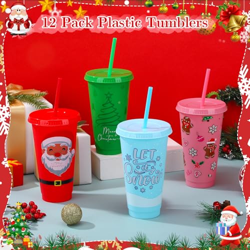 Christmas Plastic Cups with Lids & Straws - 24 oz, Red & Green, 12 Pack