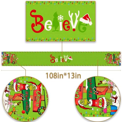 Pudodo Christmas Table Runner Green 13 x 108in - Linen Festive Holiday Decor