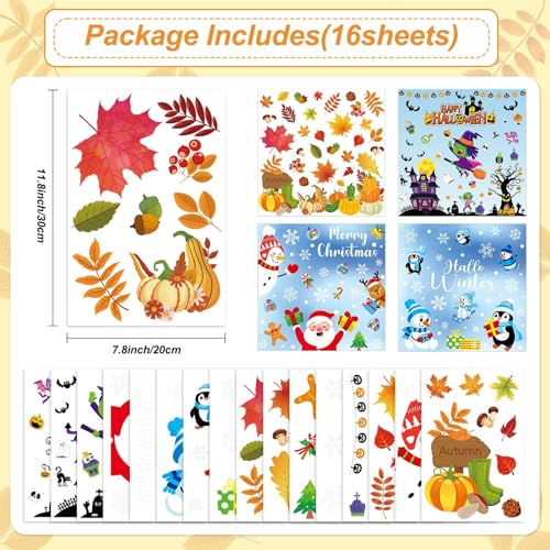 Holiday Window Clings Set - Fall, Halloween, Christmas & Winter Decorations, 160 pcs