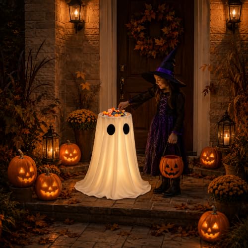 30-Inch Lighted Halloween Ghost Candy Bowl Holder with Remote Timer