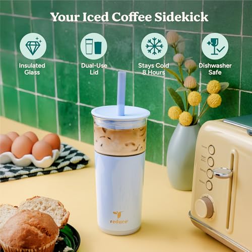 20oz Vacuum Insulated Glass Tumbler with Extra Wide Straw and Lid