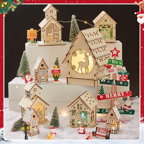 29-Piece DIY Wooden Christmas Village Set with LED Lights and Miniatures