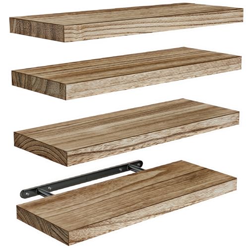 Rustic Floating Wall Shelves, Paulownia Wood Set of 4 with Metal Brackets