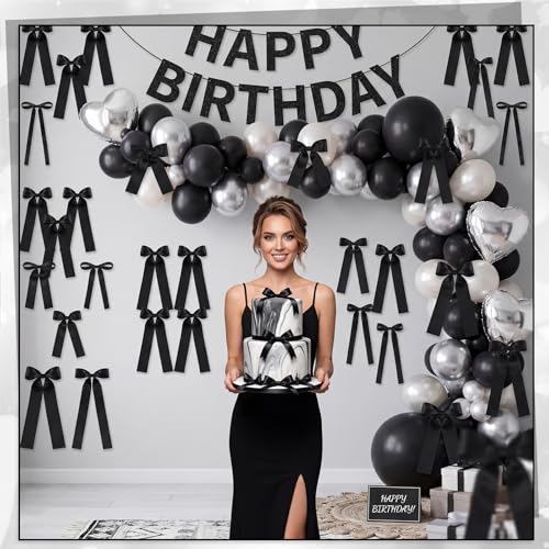 48-Piece Pre-Tied Black Ribbon Bow Decor Set for Wall & Party Backdrop