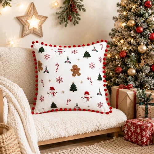 Oudain Christmas Tree Pillow Covers 18x18 Set of 2 with Red Pom Pom Trim - Gingerbread Man & Snowman December Holiday Throw Cushions, 18x18, Velvet