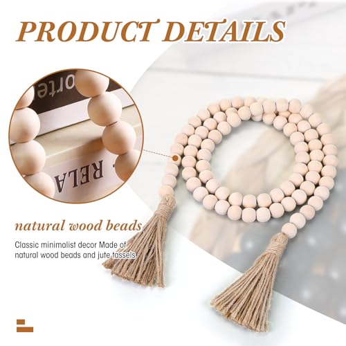 58-Inch Rustic Wood Bead Garland with Tassels, Boho Farmhouse Wall Decor