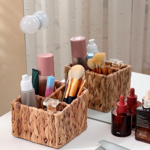 3-Compartment Wicker Remote Control Holder - Hand-Woven Water Hyacinth Desk Organizer